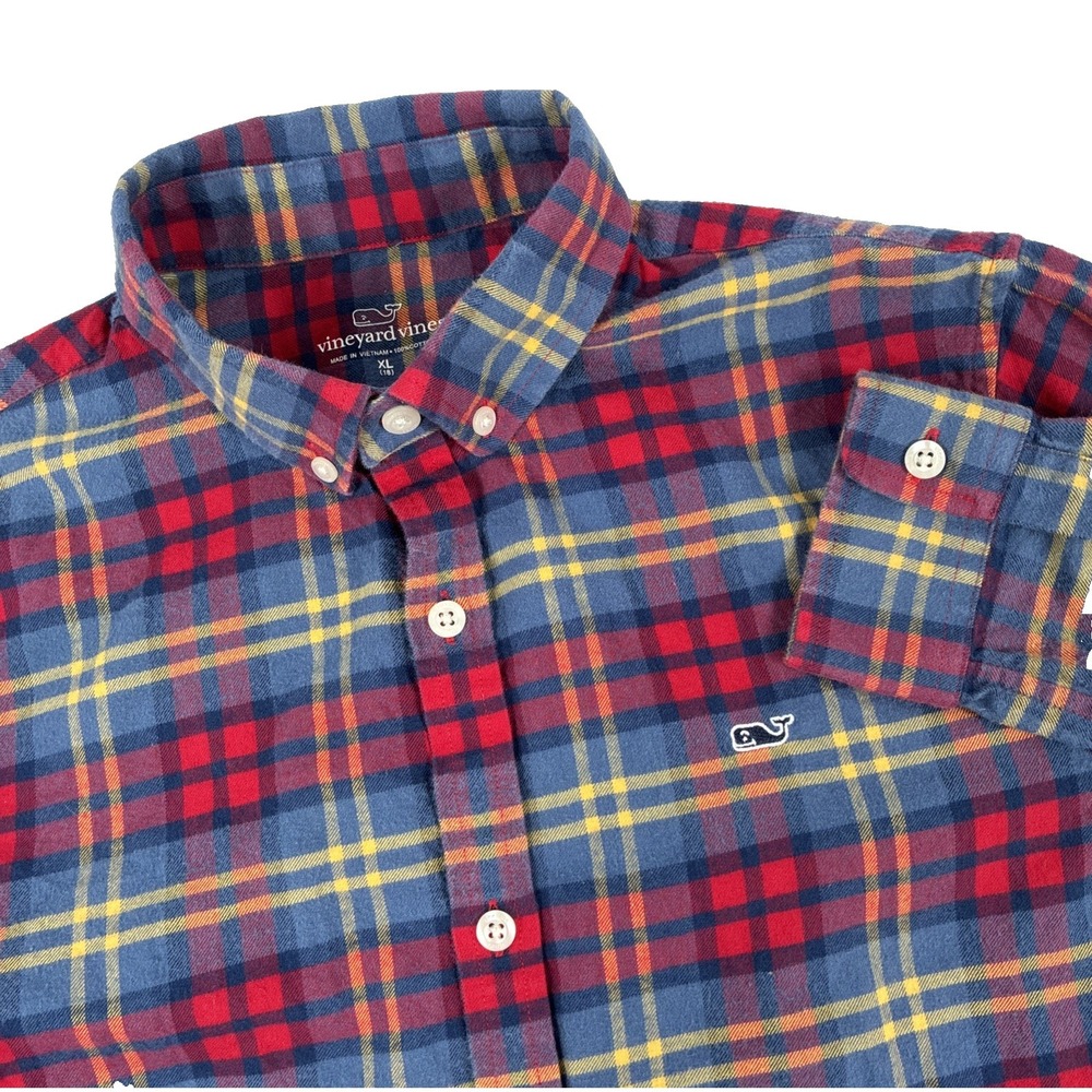 Boys Vineyard Vines Long Sleeve Button Down Flannel Shirt Size XL (18) Red Plaid